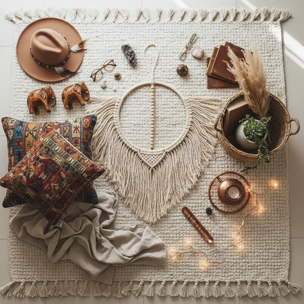 Bohemian Slaapkamer - flatlay van decoratieve objecten