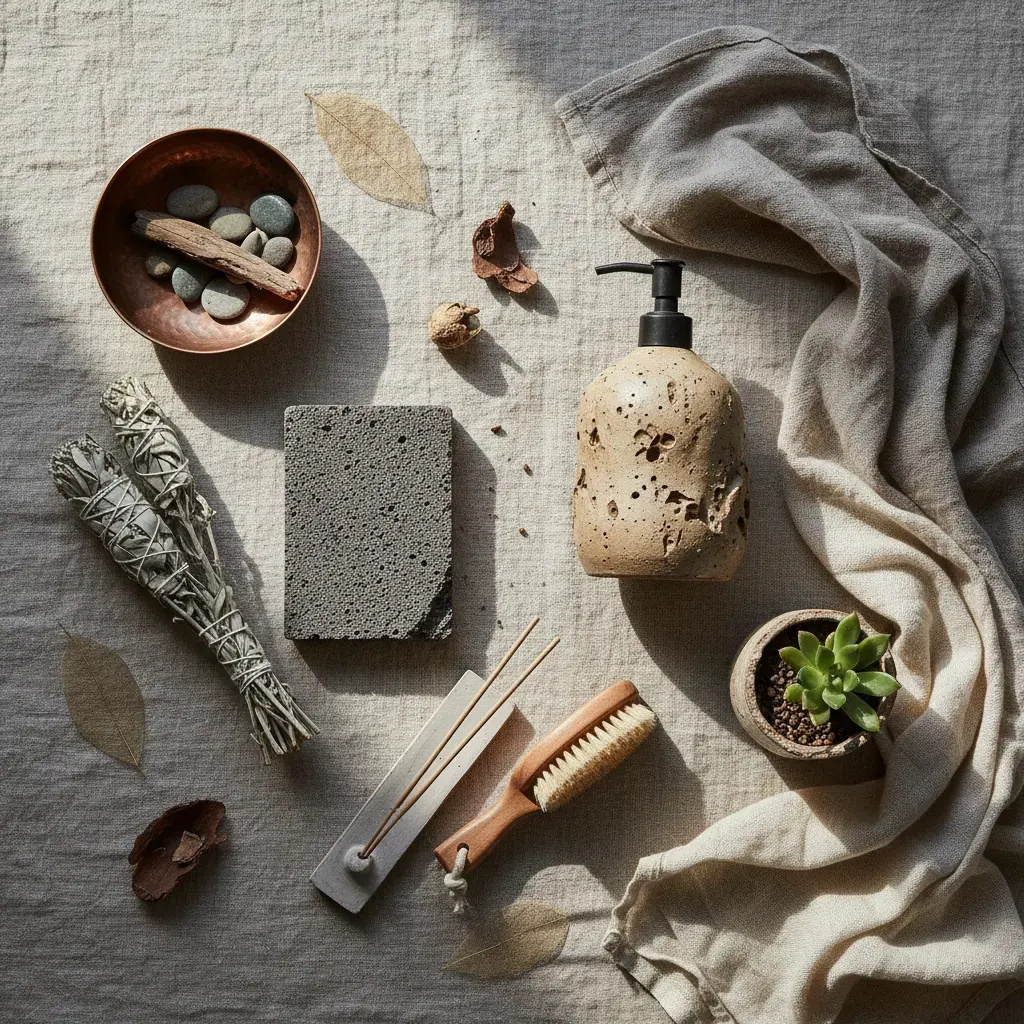 Wabi-Sabi Badkamer - flatlay van decoratieve objecten